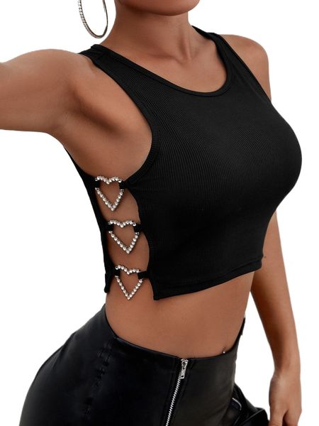 

rhinestone heart ring side tank s4wd#, White