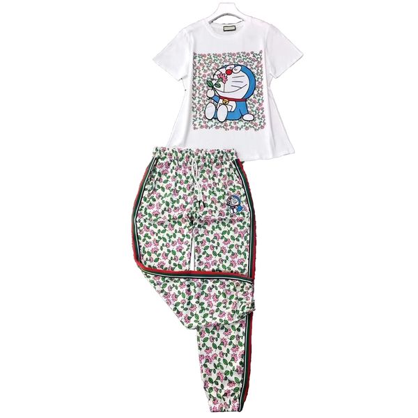 

womens designer tracksuits floral t-shirts and two piece pants set brand fashion tees female outfit o-neck cotton casual summer clothes, White