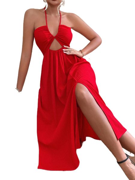 

cut out drawstring tie backless split thigh halter dress x4i0#, Black;gray