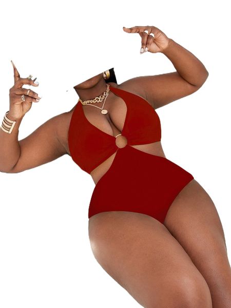 

plus cut-out ring linked backless halter one piece swimsuit s5hn#, White;black