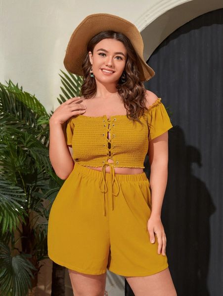 

plus grommet lace up shirred off shoulder & shorts c9cn#, Black