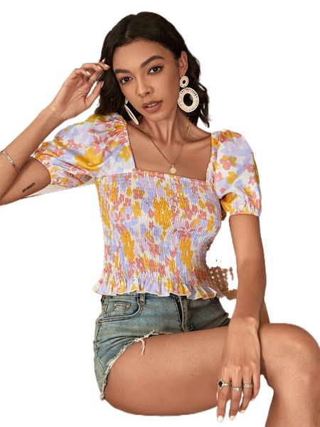 

floral print shirred ruffle hem blouse j7bm#, White