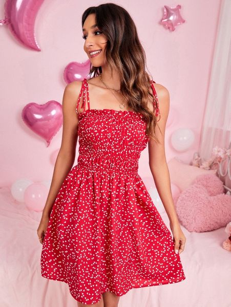

knot strap frill trim shirred bodice heart print cami dress c6jl#, Black;gray