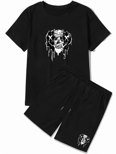

romwe guys skull graphic tee & shorts y7tm#, Gray