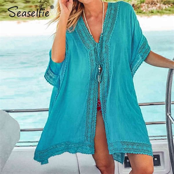 

seaselfie solid blue crochet trim bikini cover up loose self tie square beach dress women 2021 bathing suit beachwear 210319, White;black