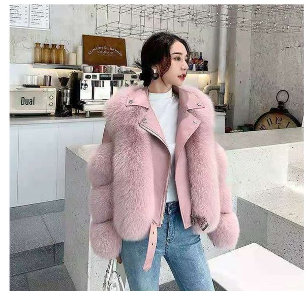 

faux fur fox leather jacket luxury women 2022 winter new mink coat sheepskin leather wholesale locomotive short, Black
