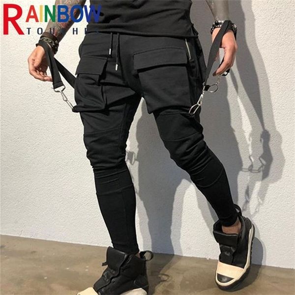 

rainbowtouches sports men stretch tights sweat absorbing and breathable fitness casual multi pocket ing cargo pants mens 220712, Black
