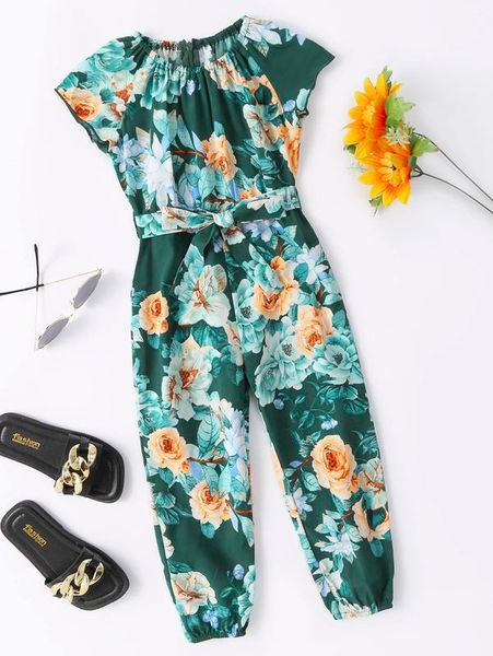 

toddler girls floral print raglan sleeve belted jumpsuit she, Blue