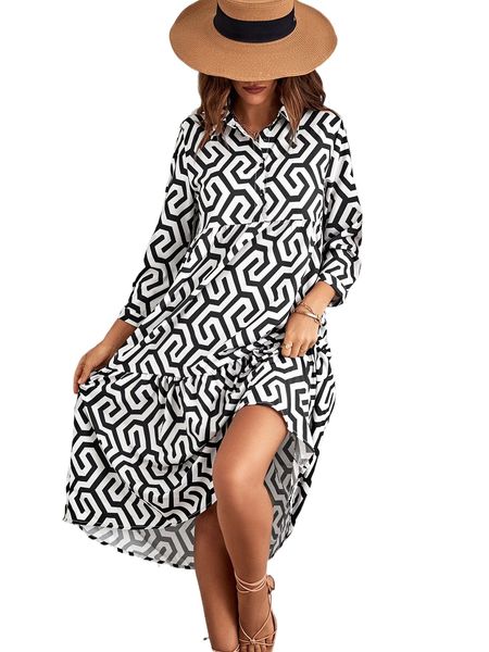 

random allover geo print ruffle hem smock dress x2e2#, Black;gray