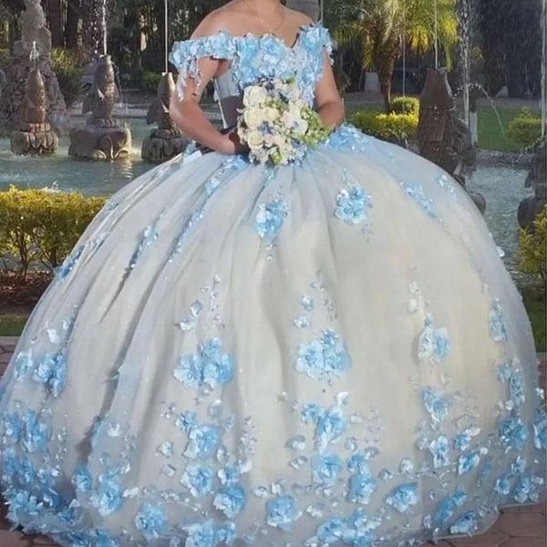 2022 Elegante Quinceanera-Kleider mit Perlen, Blumen, Blumenapplikationen, Bahama-Blau, schulterfrei, kurze Ärmel, Sweet-16-Kleid, Ballkleider