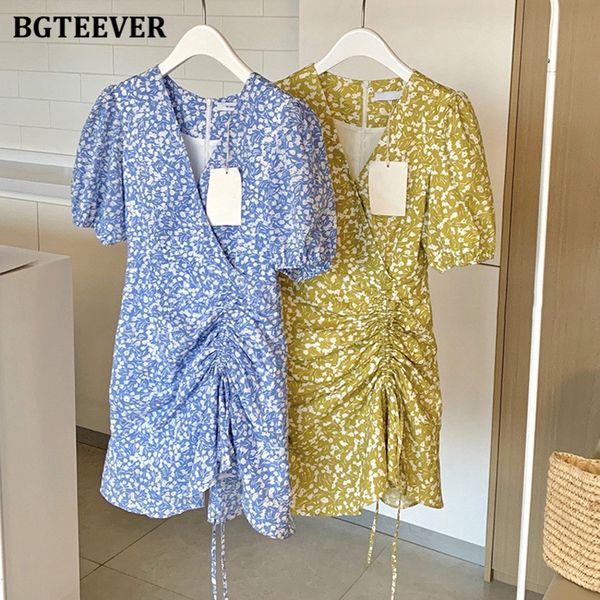 

bgteever summer fashion women floral print mini dress v-neck short sleeve drawstring ladies vestidos elegant female a-line dress, Black;gray