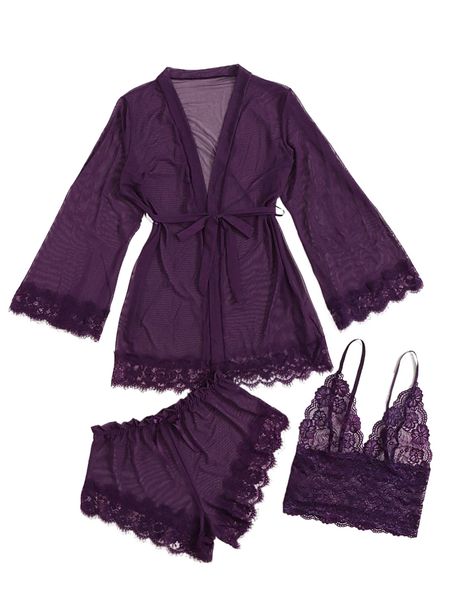 

3pack contrast lace mesh lingerie set & robe & belt g77k#, Black;red