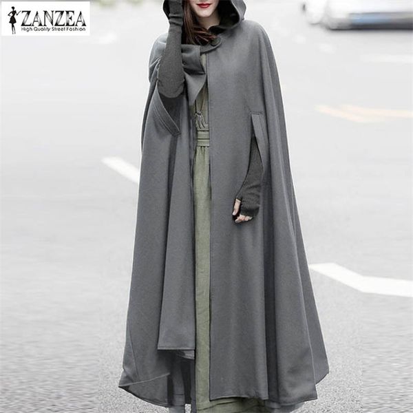 2020 Autunno Solid Long Coat Zanzea Party Jackets Cape d'appoggio con cappuccio con cappuccio da cappuccio sottile Giacca inverno Cloak Poncho Cardigan Plus size LJ201109