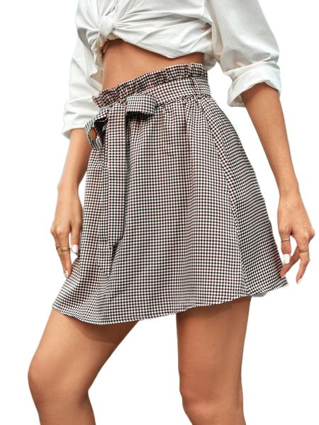 

plaid paperbag waist belted skirt u1br#, Black
