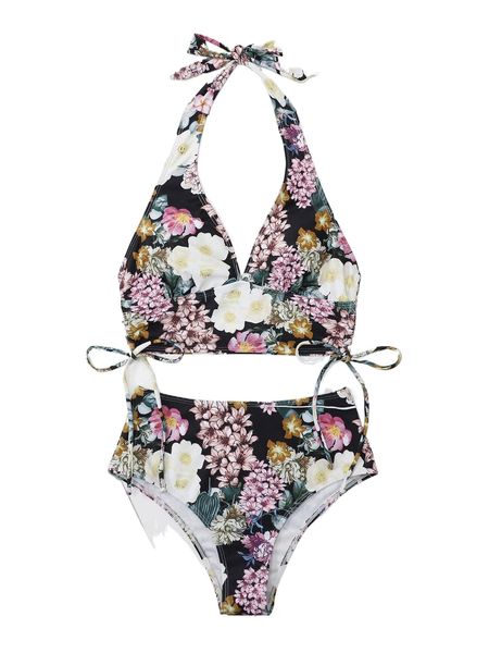 

floral print drawstring high waisted bikini swimsuit g7m9#, White;black