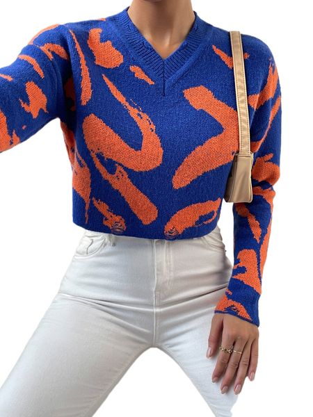 

graphic pattern drop shoulder sweater i97i#, White;black