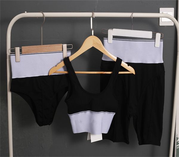 

new yoga activewear set letter belt sports fit halter vest + high waist belted shorts three sets, White;black