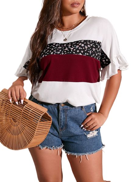 

plus ditsy floral color block flounce sleeve tee x1wq#, Black