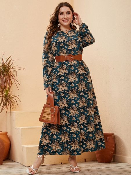 

plus floral print notched neckline maxi dress without belt 41fg#, Black