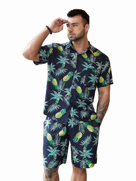 

extended sizes men tropical print shirt & shorts v3g5#, Gray