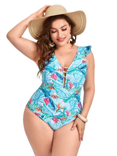 

plus plant print frill trim cut-out one piece swimsuit q6qy#, White;black