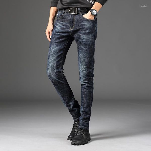 Jeans masculinos grandes homens casuais elasticidade direta de moda fina cintura solta calça de negócios