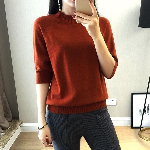 

style women s knitted cashmere half sleeve sweater high collar slim style solid wool color pullover y200722, White;black