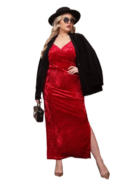 

plus slit hem halter neck backless velvet dress 92ay#, Black