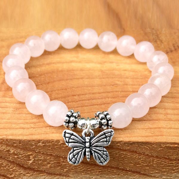 MG1441 Strand Nuovo design Quarzo rosa Bracciale da donna Farfalla Fascino Yoga Polso Mala Dea femminile Gioielli energetici