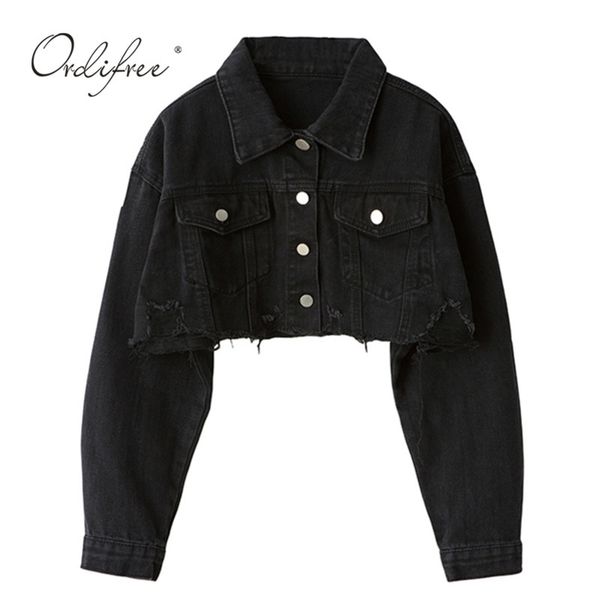 

ordiautumn women denim jacket long sleeve fashion streetwear casual loose outwear short ripped jeans jacket coat y200101, Black;brown