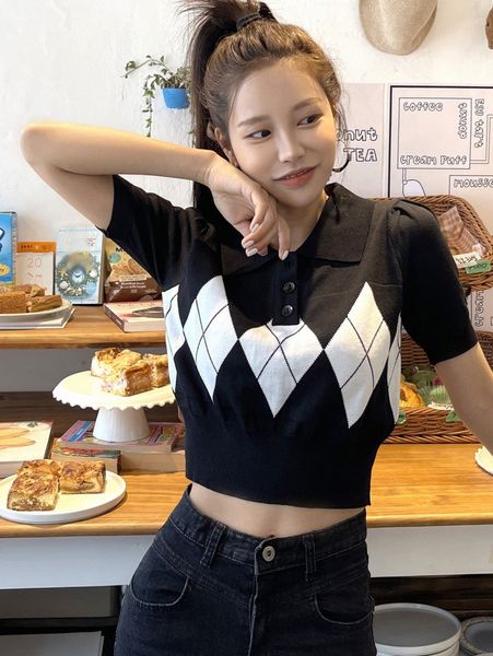 

dazy geo pattern half button puff sleeve knit c67h#, White;black