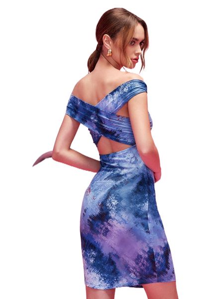 

x hangmo xie brush print off shoulder crossover bodycon dress i4gh#, Black;gray