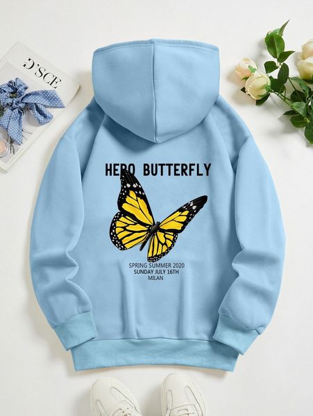 

letter & butterfly print drawstring thermal lined hoodie n3yn#, Black