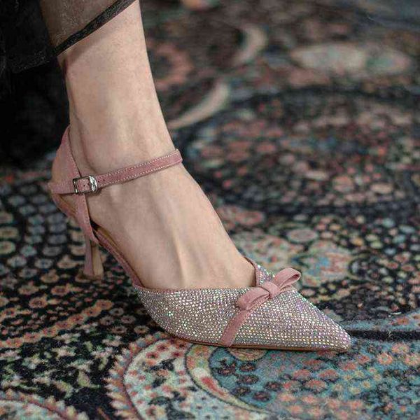 

designer women's shoes boots elegant pointed high-heeled shoes 2022 summer bow thin heel baotou one-sided belt girls' sandals, Black