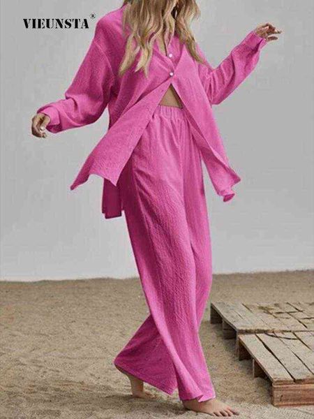 

spring cotton linen women two piece set 2022 temperament commuter long sleeve solid color shirts loose trousers pants suits t220729, Gray