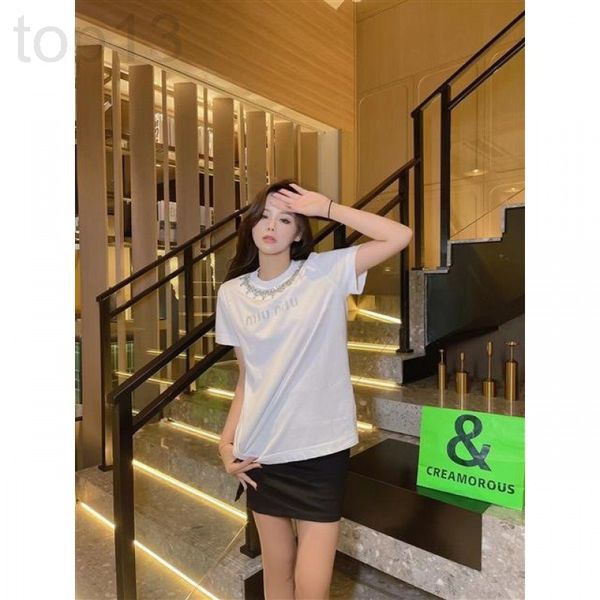 

women's t-shirt designer chaopai 22 early spring new neckline nail bead decoration short sleeve t-shirt water drop diamond 5twn, White