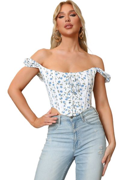 

parthea ditsy floral print off shoulder tie front bandana b9xl#, White