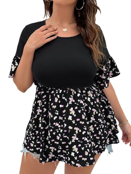

plus ditsy floral flounce sleeve peplum a2hh#, Black