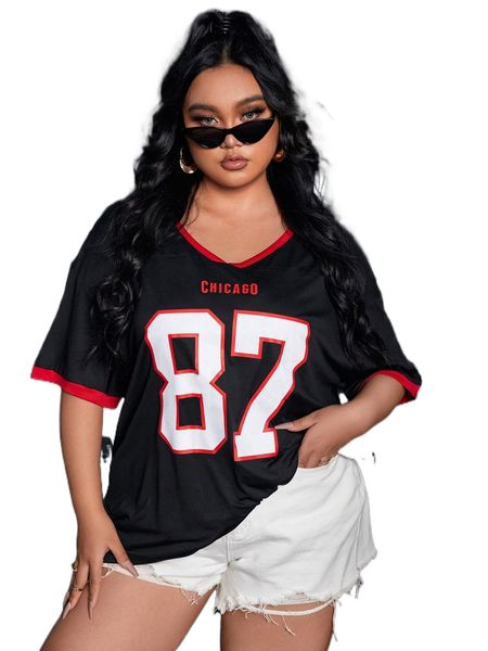 

plus letter graphic contrast trim drop shoulder tee e329#, Black