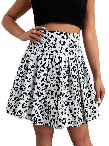 

high waist allover print pleated skirt e2fy#, Black