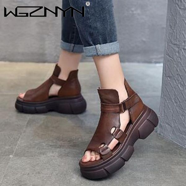 

sandals 2022 fashion retro women summer genuine pu leather wedges gladiator for platform shoes handmade sandalias, Black
