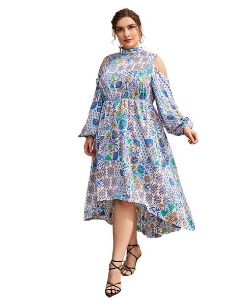 

plus floral print cold shoulder high-low hem dress without belt s4xi#, Black