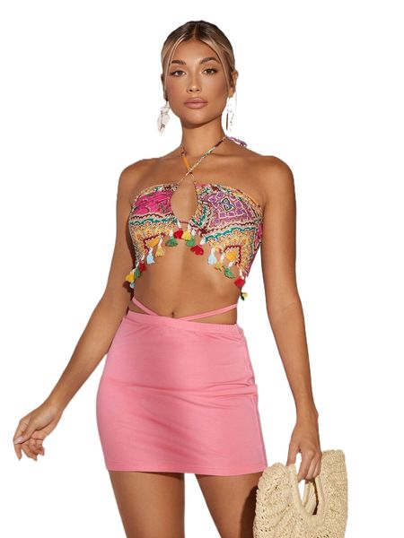 

floral print tassel trim crisscross tie backless crop halter v2ug#, White