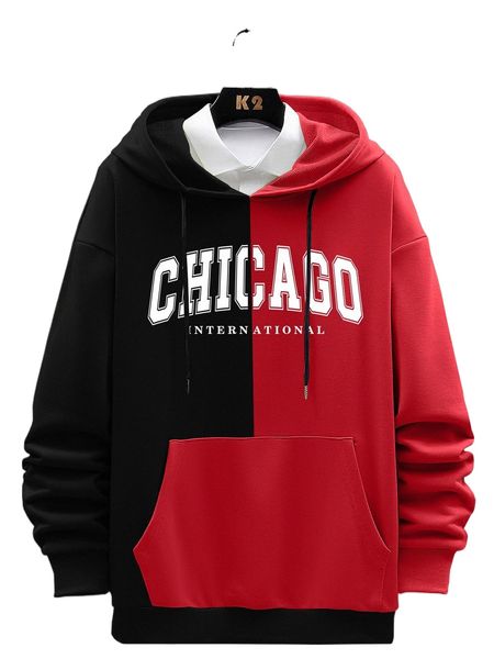 

men two tone letter graphic kangaroo pocket drawstring hoodie without shirt c1wx#, Black