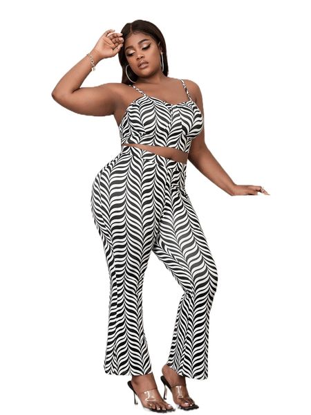 

sxy plus allover print bustier cami & flare leg pants x6r8#, Black