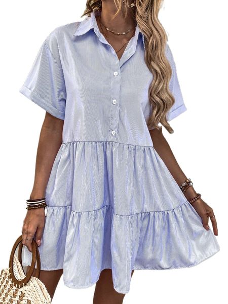 

striped print button front ruffle hem dress f4at#, Black;gray