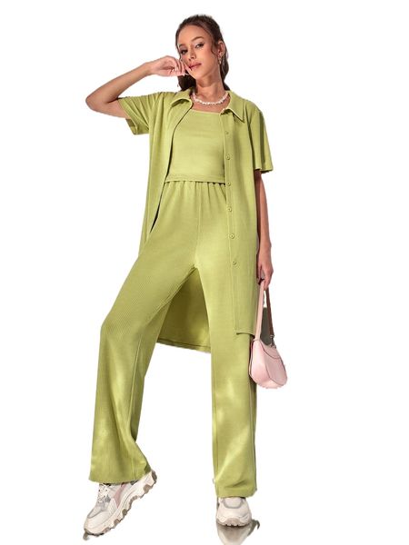 

rib-knit button front blouse & tank & pants i38o#, White
