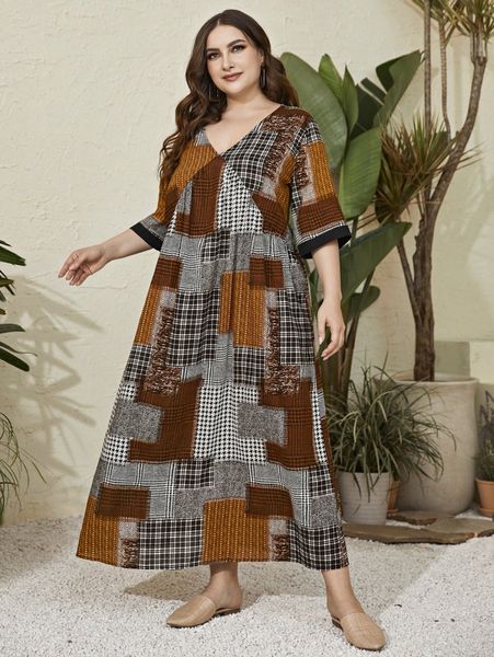 

plus patchwork print smock dress 67j1#, Black