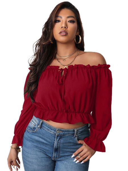 

plus off shoulder frill trim knot front flounce sleeve blouse h7of#, Black