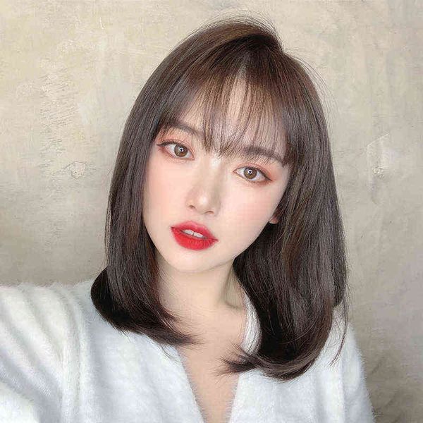 

nxy wigs female short hair medium long cover human natural net red wave head clavicle real full, Black